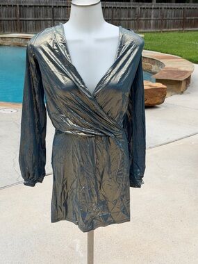Metallic Wrap-Style Long Sleeve Mini Dress - Shimmering Steel Large